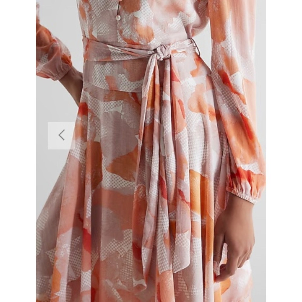 EXPRESS Printed Button‎ Front Tie Waist Midi Dress NWT Size M Peach Floral Print - Picture 3 of 12